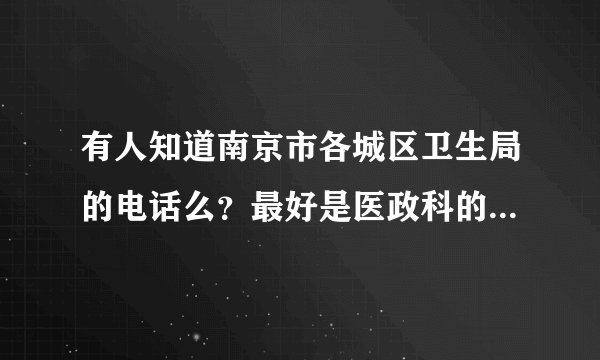 有人知道南京市各城区卫生局的电话么？最好是医政科的，谢谢了
