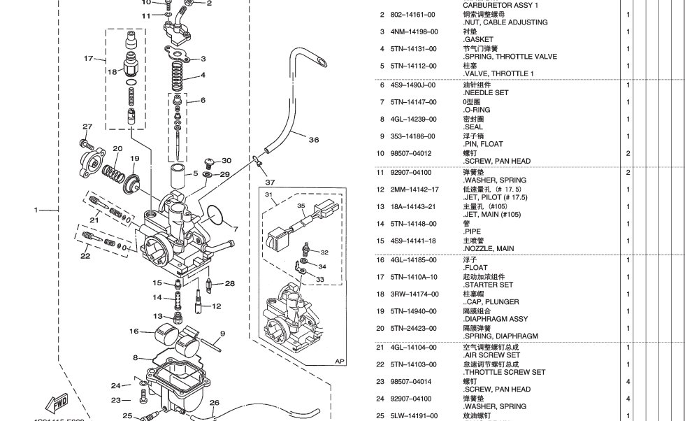 雅马哈摩托车化油器分解图