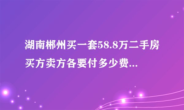 湖南郴州买一套58.8万二手房买方卖方各要付多少费用？包括国家各项该收的和中介费，请列出具体费用。