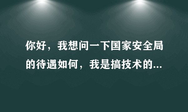 你好，我想问一下国家安全局的待遇如何，我是搞技术的，比如工资什么的，谢谢额