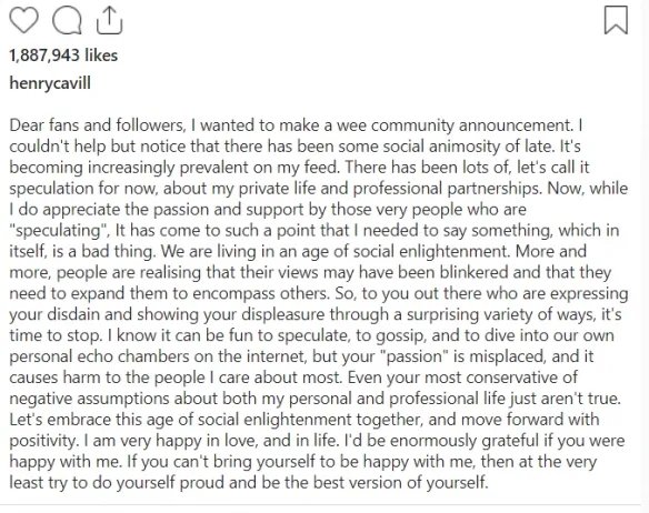 “大超”亨利卡维尔发布长文：呼吁不要攻击私生活！