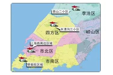 青岛市区划分的地图。