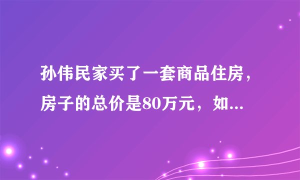 孙伟民家买了一套商品住房，房子的总价是80万元，如果一次性付清房款，就有九八折的优惠价。（1）打完折后，房子的总价是多少万元？（2）买房还要缴纳实际房价的1.5%的契税。买这套房子还须缴纳多少万元的契税？