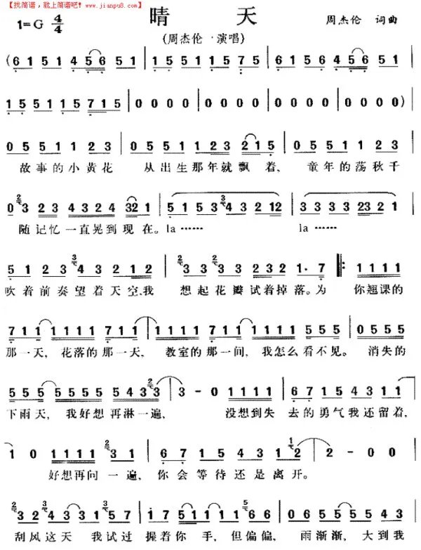求一个周杰伦晴天的双手钢琴简谱。在线等。